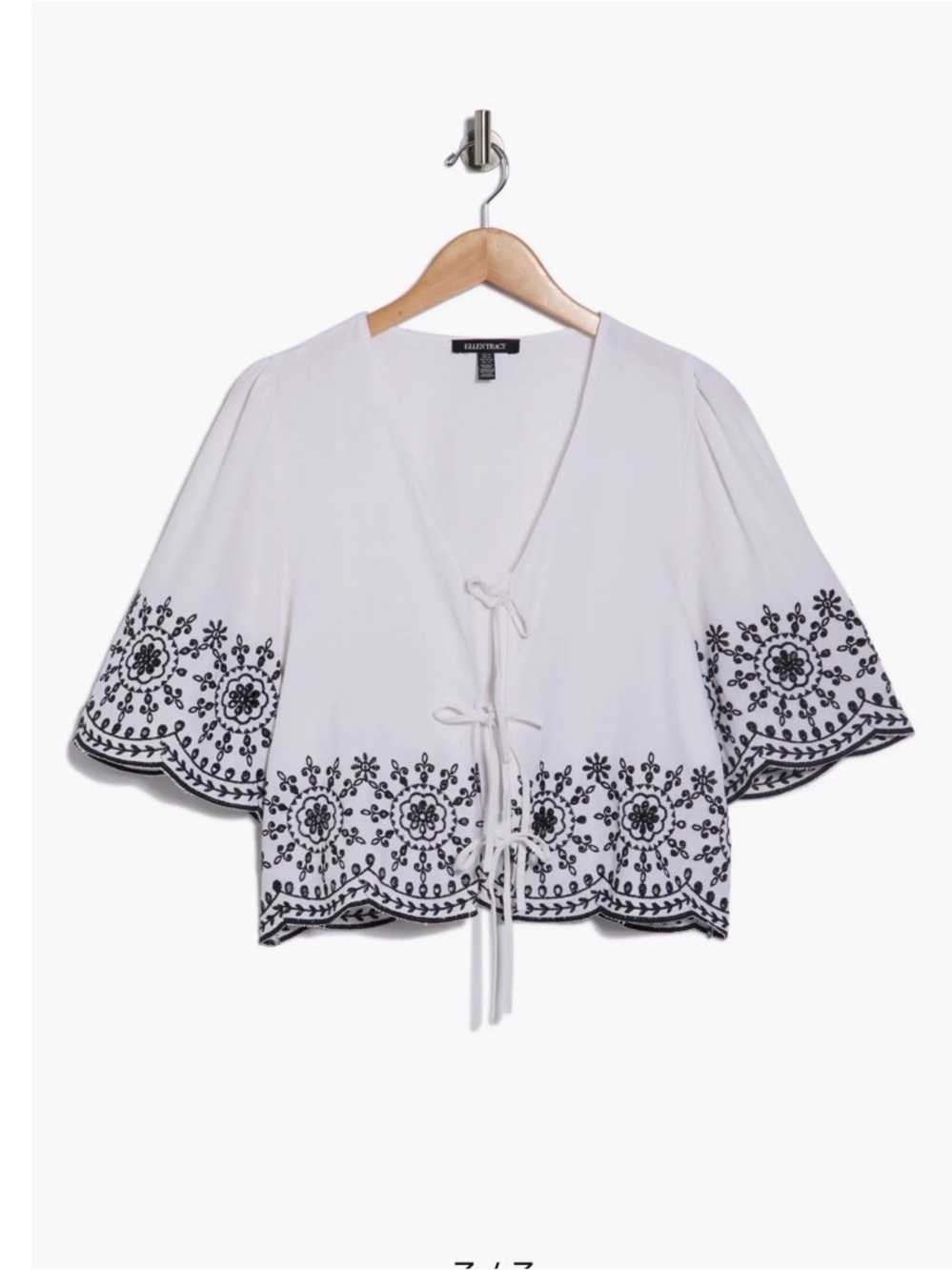 White Cropped Tie-Front Top with Black Floral Embroidery